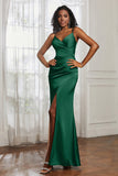 Spaghetti Straps Satin Ruched Formal Evening Dresses with Slit Sheath Prom Party Gowns