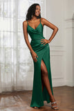Spaghetti Straps Satin Ruched Formal Evening Dresses with Slit Sheath Prom Party Gowns