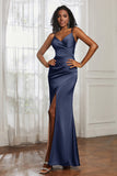 Spaghetti Straps Satin Ruched Formal Evening Dresses with Slit Sheath Prom Party Gowns