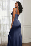 Spaghetti Straps Satin Ruched Formal Evening Dresses with Slit Sheath Prom Party Gowns