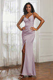 Spaghetti Straps Satin Ruched Formal Evening Dresses with Slit Sheath Prom Party Gowns