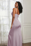 Spaghetti Straps Satin Ruched Formal Evening Dresses with Slit Sheath Prom Party Gowns