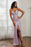 Spaghetti Straps Satin Ruched Formal Evening Dresses with Slit Sheath Prom Party Gowns