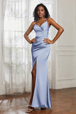 Spaghetti Straps Satin Ruched Formal Evening Dresses with Slit Sheath Prom Party Gowns