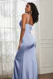 Spaghetti Straps Satin Ruched Formal Evening Dresses with Slit Sheath Prom Party Gowns