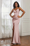 Spaghetti Straps Satin Ruched Formal Evening Dresses with Slit Sheath Prom Party Gowns