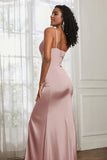 Spaghetti Straps Satin Ruched Formal Evening Dresses with Slit Sheath Prom Party Gowns