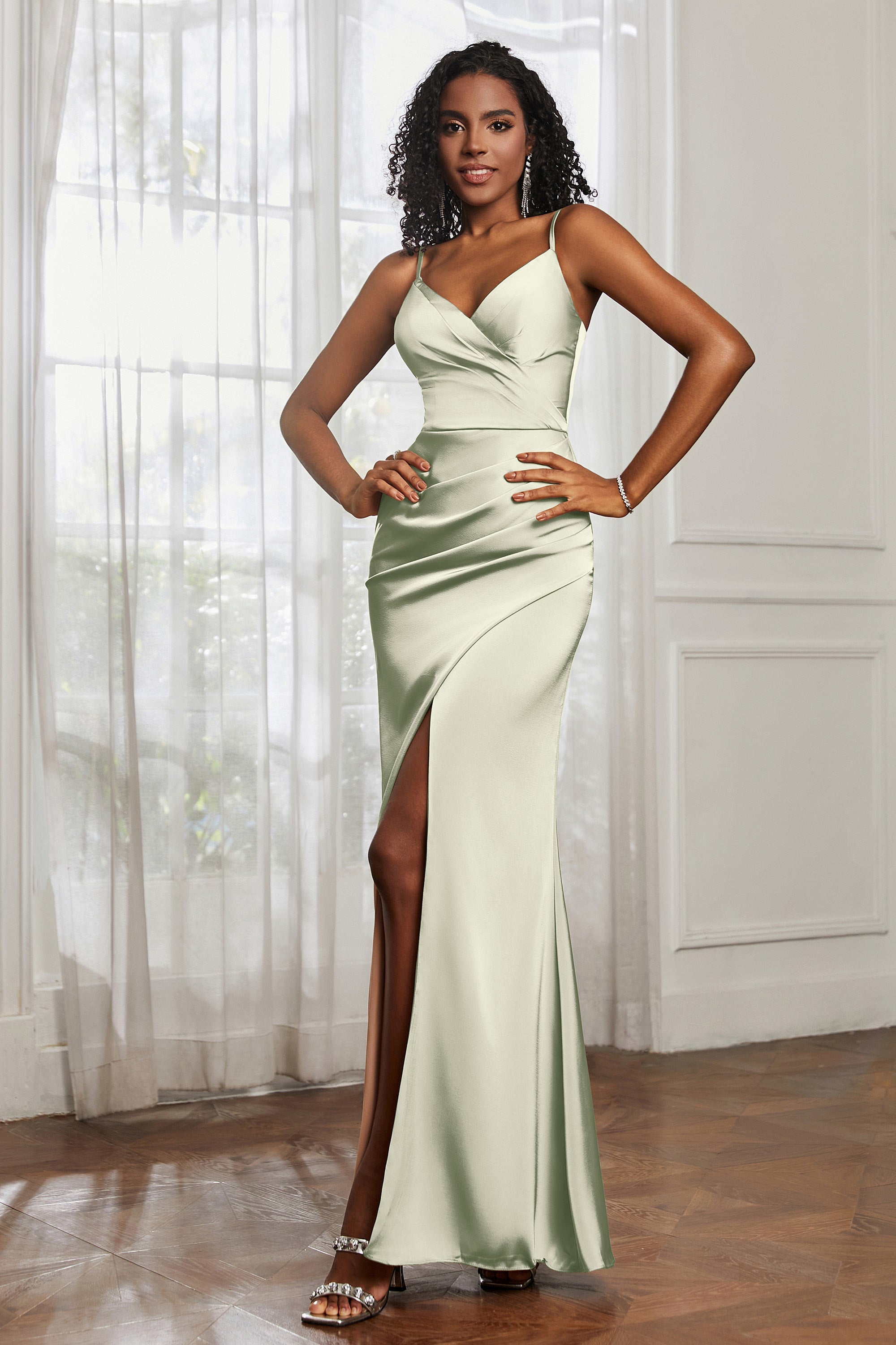Spaghetti Straps Satin Ruched Formal Evening Dresses with Slit Sheath Prom Party Gowns
