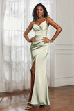 Spaghetti Straps Satin Ruched Formal Evening Dresses with Slit Sheath Prom Party Gowns