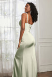 Spaghetti Straps Satin Ruched Formal Evening Dresses with Slit Sheath Prom Party Gowns