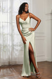 Spaghetti Straps Satin Ruched Formal Evening Dresses with Slit Sheath Prom Party Gowns