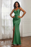 Spaghetti Straps Satin Ruched Formal Evening Dresses with Slit Sheath Prom Party Gowns