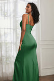 Spaghetti Straps Satin Ruched Formal Evening Dresses with Slit Sheath Prom Party Gowns