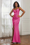 Spaghetti Straps Satin Ruched Formal Evening Dresses with Slit Sheath Prom Party Gowns