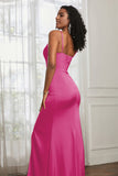 Spaghetti Straps Satin Ruched Formal Evening Dresses with Slit Sheath Prom Party Gowns