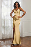 Spaghetti Straps Satin Ruched Formal Evening Dresses with Slit Sheath Prom Party Gowns