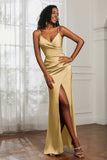 Spaghetti Straps Satin Ruched Formal Evening Dresses with Slit Sheath Prom Party Gowns