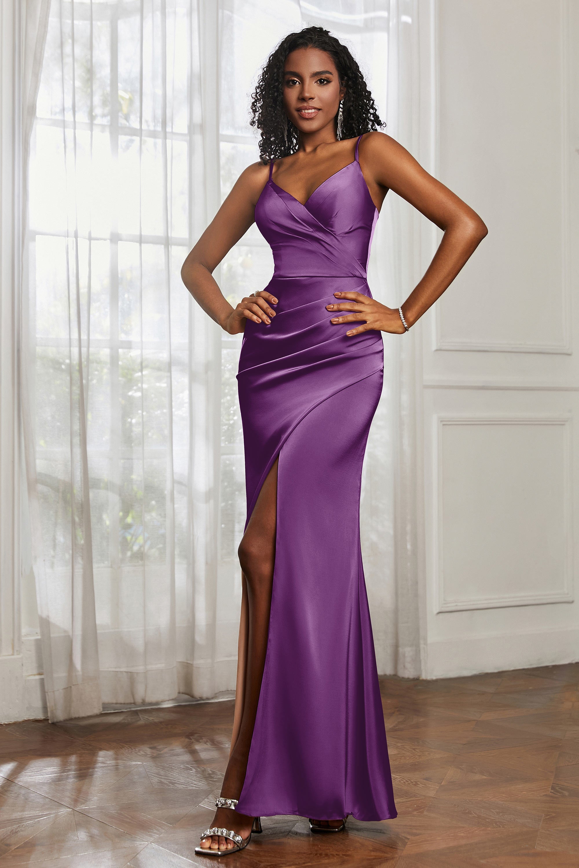 Spaghetti Straps Satin Ruched Formal Evening Dresses with Slit Sheath Prom Party Gowns