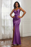 Spaghetti Straps Satin Ruched Formal Evening Dresses with Slit Sheath Prom Party Gowns