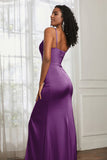 Spaghetti Straps Satin Ruched Formal Evening Dresses with Slit Sheath Prom Party Gowns