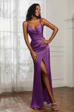Spaghetti Straps Satin Ruched Formal Evening Dresses with Slit Sheath Prom Party Gowns