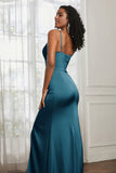Spaghetti Straps Satin Ruched Formal Evening Dresses with Slit Sheath Prom Party Gowns
