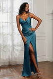 Spaghetti Straps Satin Ruched Formal Evening Dresses with Slit Sheath Prom Party Gowns