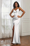 Spaghetti Straps Satin Ruched Formal Evening Dresses with Slit Sheath Prom Party Gowns