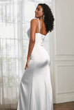 Spaghetti Straps Satin Ruched Formal Evening Dresses with Slit Sheath Prom Party Gowns