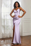 Spaghetti Straps Satin Ruched Formal Evening Dresses with Slit Sheath Prom Party Gowns