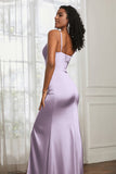 Spaghetti Straps Satin Ruched Formal Evening Dresses with Slit Sheath Prom Party Gowns
