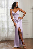 Spaghetti Straps Satin Ruched Formal Evening Dresses with Slit Sheath Prom Party Gowns