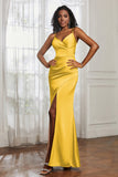 Spaghetti Straps Satin Ruched Formal Evening Dresses with Slit Sheath Prom Party Gowns