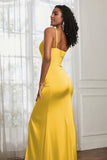 Spaghetti Straps Satin Ruched Formal Evening Dresses with Slit Sheath Prom Party Gowns