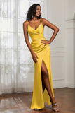 Spaghetti Straps Satin Ruched Formal Evening Dresses with Slit Sheath Prom Party Gowns