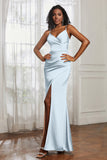 Spaghetti Straps Satin Ruched Formal Evening Dresses with Slit Sheath Prom Party Gowns