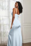 Spaghetti Straps Satin Ruched Formal Evening Dresses with Slit Sheath Prom Party Gowns