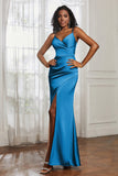 Spaghetti Straps Satin Ruched Formal Evening Dresses with Slit Sheath Prom Party Gowns