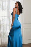 Spaghetti Straps Satin Ruched Formal Evening Dresses with Slit Sheath Prom Party Gowns