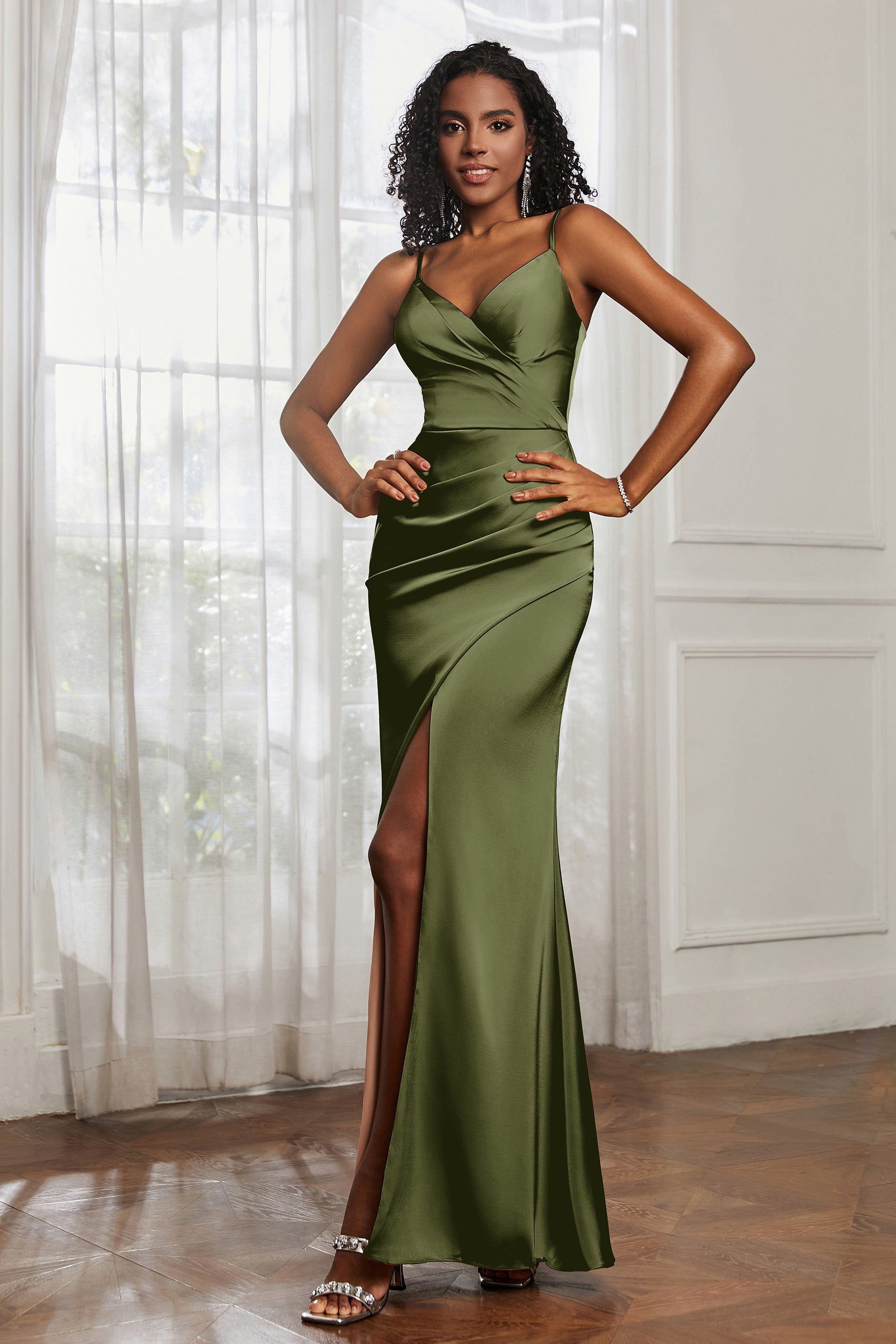 Spaghetti Straps Satin Ruched Formal Evening Dresses with Slit Sheath Prom Party Gowns