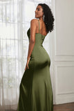 Spaghetti Straps Satin Ruched Formal Evening Dresses with Slit Sheath Prom Party Gowns