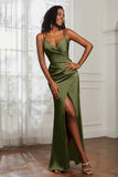 Spaghetti Straps Satin Ruched Formal Evening Dresses with Slit Sheath Prom Party Gowns