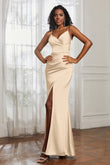 Spaghetti Straps Satin Ruched Formal Evening Dresses with Slit Sheath Prom Party Gowns