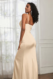 Spaghetti Straps Satin Ruched Formal Evening Dresses with Slit Sheath Prom Party Gowns