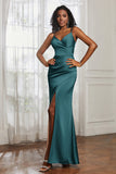 Spaghetti Straps Satin Ruched Formal Evening Dresses with Slit Sheath Prom Party Gowns