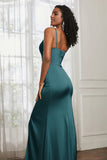 Spaghetti Straps Satin Ruched Formal Evening Dresses with Slit Sheath Prom Party Gowns