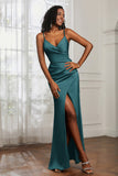 Spaghetti Straps Satin Ruched Formal Evening Dresses with Slit Sheath Prom Party Gowns