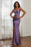Spaghetti Straps Satin Ruched Formal Evening Dresses with Slit Sheath Prom Party Gowns