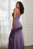 Spaghetti Straps Satin Ruched Formal Evening Dresses with Slit Sheath Prom Party Gowns