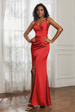 Spaghetti Straps Satin Ruched Formal Evening Dresses with Slit Sheath Prom Party Gowns